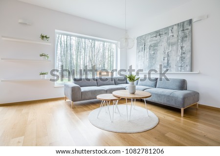 Two hairpin tables placed on a round rug in white sitting room interior with grey corner couch, abstract painting, big window and plants on shelves