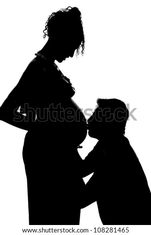 Silhouette of pregnant mother and father isolated on white background.