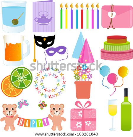 Vector of birthday Party Elements with candle, invitation card, party hat, present, Masquerade eyes mask. A set of cute and sweet icon collection in pastel colors isolated on white background