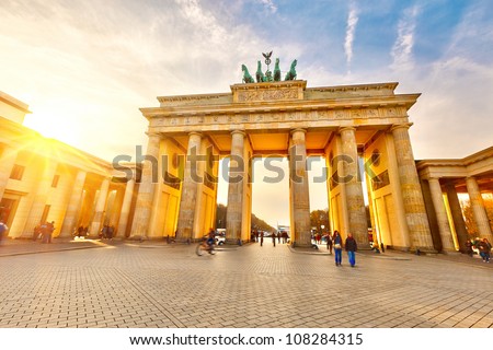 Brandenburg gate at sunset, Berlin Royalty-Free Stock Photo #108284315