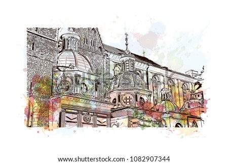 Landmark with building of Krakow, City in Poland. Watercolor splash with hand drawn sketch illustration in vector.