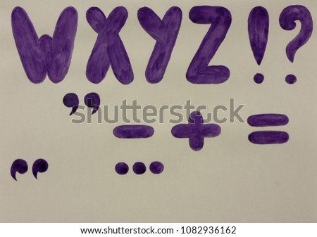 Purple font. Handwritten watercolor letters and symbols.
