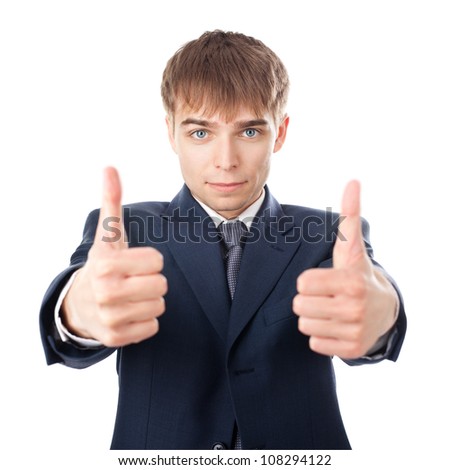 smiling young businessman hands make thumbs up isolated on white background