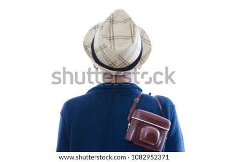 isolated white traveler with photo camera