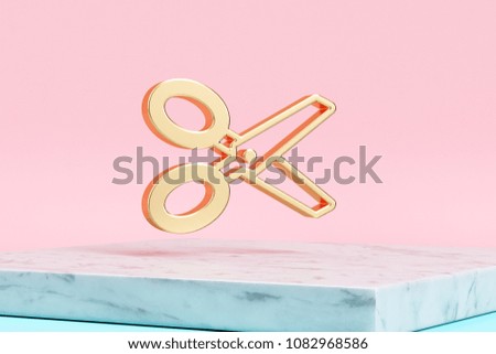 Golden Scissors Icon on Pink Background . 3D Illustration of Golden Cut, Del, Destroy, Doctor, Document, Documents, Edit Icons on Pink Color With White Marble.