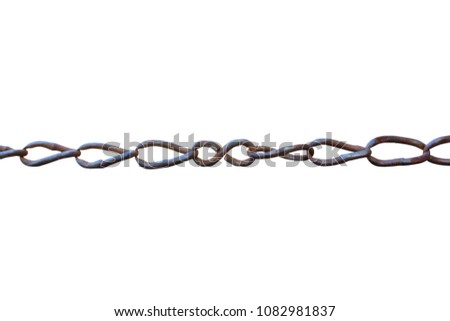 Old rusty thin metal chain. Close-up. Horizontal front side view. The isolated object on a white background. Isolate.