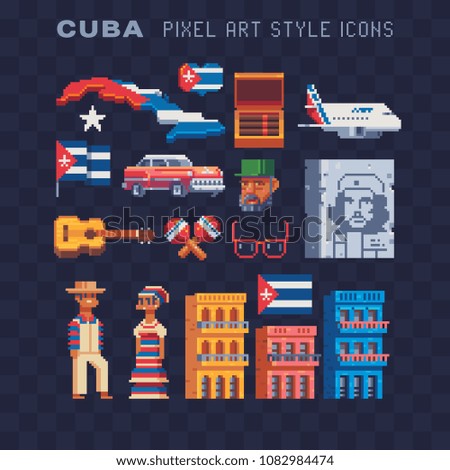 Travel to Cuba. Cuban culture pixel art icons set. National flag and map, dress, traditional architecture. Elements for tourism poster. Isolated vector illustration. 8-bit. Design sticker, logo, app.