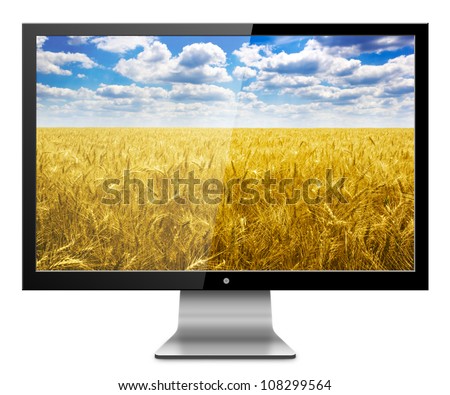 Computer Monitor with wheat field screen. Isolated on white background.