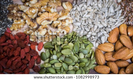 Nuts and seeds - walnuts, pumpkin, sunflower, almonds, goji berries, chia seeds