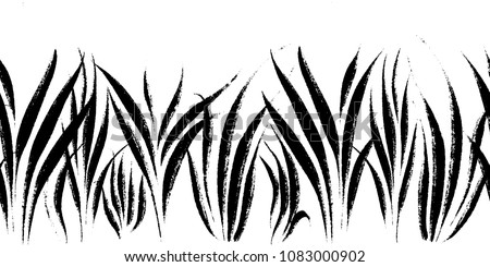 Vector seamless border with ink drawing grass, artistic botanical illustration, isolated floral elements, hand drawn repeatable illustration.