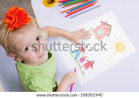 Children drawings. Cute child draw with colorful crayons