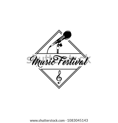Microphone Icon. Music Festival logo badge. Musical device. Treble clef. Vector illustration.