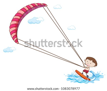 A Boy Kitesurfing On White Background illustration