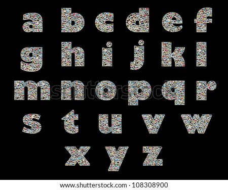 Unique English alphabet made like collage of travel photos on a black background , all photos are my own