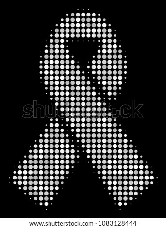 Mourning ribbon halftone vector icon. Illustration style is dot iconic mourning ribbon symbol on a black background. Halftone matrix is constructed from spheric points.