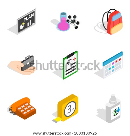 Research area icons set. Isometric set of 9 research area vector icons for web isolated on white background