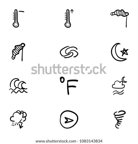 Set of 12 hand drawn cartoon weather icon set on white background