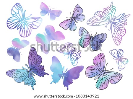 Clipart PURPLE BUTTERFLY Color Vector Illustration Set About Magic Cartoon Picture for Scrapbooking Babybook and Digital Print on Card And Photo Children’s Albums