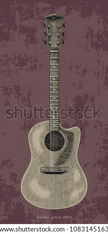 Acoustic guitar hand drawing vintage engraving illustration