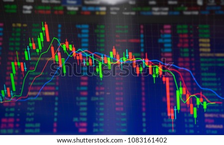 Double exposure. Technical price graph and indicator, red and green candlestick chart and stock trading computer screen background. Market volatility, up and down trend Crypto currency theme backgrond