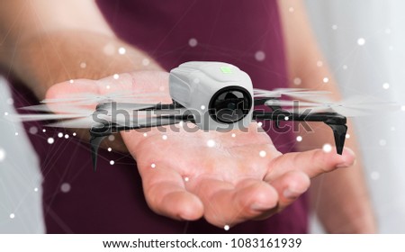 Businessman on blurred background using modern drone 3D rendering
