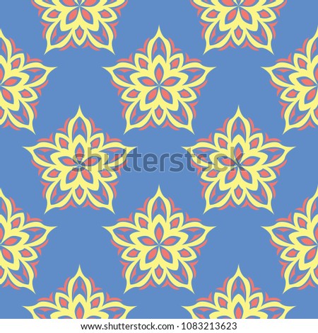 Floral seamless pattern. Red and yellow flower elements on blue background for wallpapers, textile and fabrics