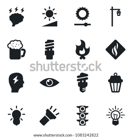 Set of vector isolated black icon - brainstorm vector, fire, garden light, eye, traffic, torch, brightness, beer, smoke detector, bulb, energy saving, outdoor lamp, idea