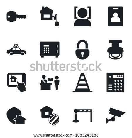 Set of vector isolated black icon - barrier vector, passport control, alarm car, border cone, safe, lock, face id, identity card, stamp, key, estate insurance, home, app, protect, combination