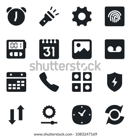 Set of vector isolated black icon - call vector, gallery, protect, settings, clock, alarm, stopwatch, record, calendar, data exchange, torch, brightness, fingerprint id, application, update