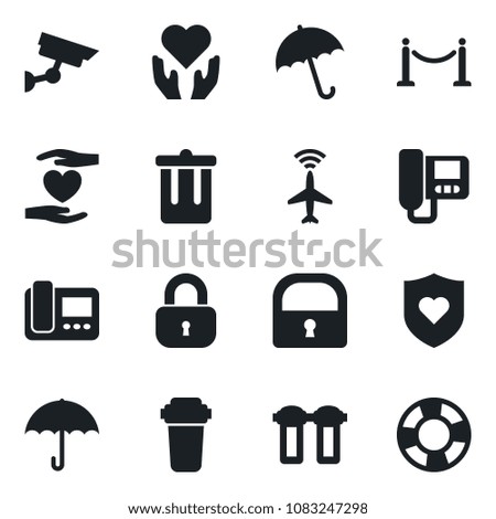 Set of vector isolated black icon - plane radar vector, fence, umbrella, trash bin, heart shield, hand, lock, intercome, water filter, surveillance, crisis management