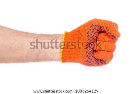 Male hands in working build gloves on white background isolation