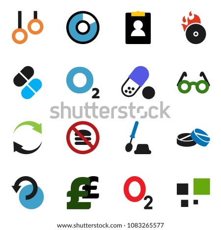 solid vector ixon set - toilet brush vector, glasses, pie graph, personal information, pound, pills, no fastfood, gymnast rings, oxygen, music hit, refresh, undo, loading