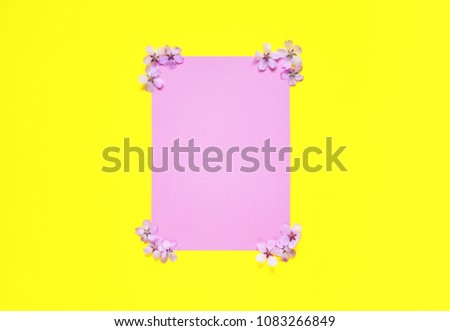 Cute Pink Blank Space Page Paper Notes Flower Frame Summer Spring Flatlay Colorful Yellow Background