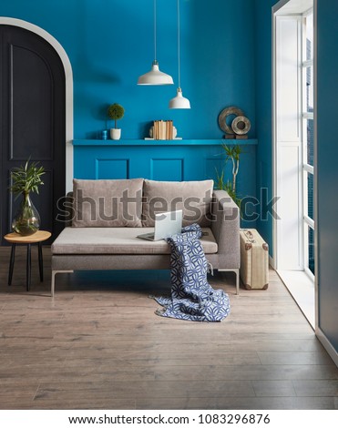 blue room living room interior decoration. Modern home ornament accessory lamp chair and sofa decoration. forest view. luxury living room corner style.