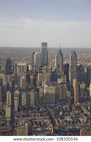 Aerial sunset views of Philadelphia, Pennsylvania