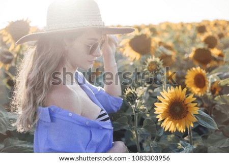 Young woman walking in the field with sunflowers.Beautiful young girl enjoying nature on the field of sunflowers at sunset.woman with long hair , side view. The concept of freedom.Sunflower background