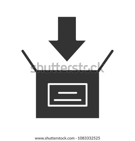 Parcel packing glyph icon. Open box with down arrow. Downloading. Silhouette symbol. Negative space. Raster isolated illustration