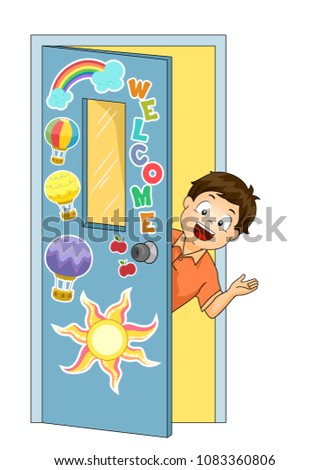 Illustration of a Kid Boy Welcoming and Opening a Door to Classroom