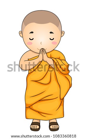 Illustration of a Kid Boy Monk with Hands Together and Head Down as a Greeting