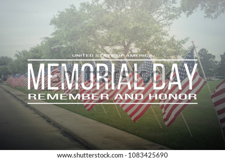 Text Memorial Day remember and honor on long row of lawn American Flags background. Green grass yard USA flags blow in the wind. Concept of Memorial day or Veteran's day in America.