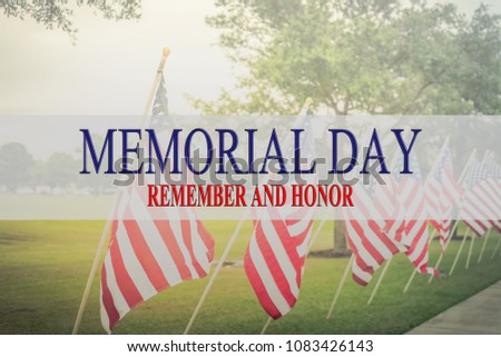 Text Memorial Day and honor on long row of lawn American Flags background. Green grass yard USA flags blow in the wind. Concept of Memorial day or Veteran's day in America.