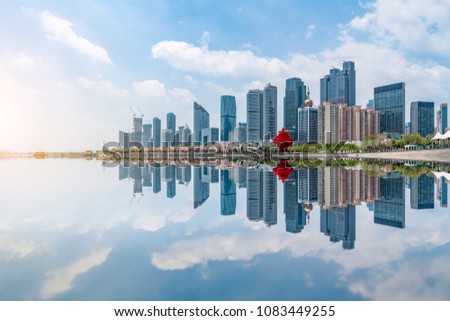 The skyline of the architectural landscape of Qingdao City Squar Royalty-Free Stock Photo #1083449255
