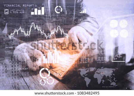 Financial report data of business operations (balance sheet and  income statement and diagram) as Fintech concept.Double exposure of success businessman using smart phone.