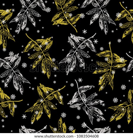 Seamless floral pattern with linear silhouettes of tree leaves and snowflakes. Based on hand drawn sketch. Gold, silver and white on black background.