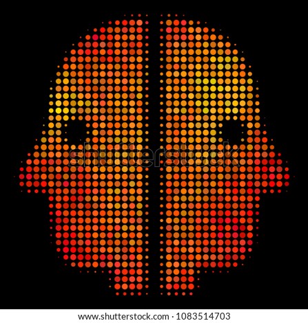 Pixel dual face icon. Bright pictogram in hot color tinges on a black background. Vector halftone composition of dual face symbol constructed of circle points.