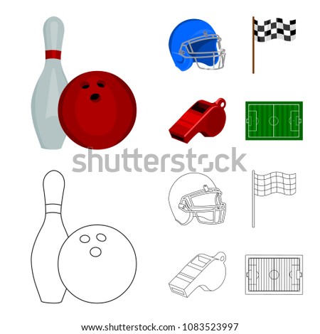 Bowl and bowling pin for bowling, protective helmet for playing baseball, checkbox, referee, whistle for coach or referee. Sport set collection icons in cartoon,outline ,flat style vector symbol stock