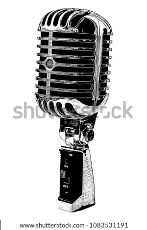 Talk radio and podcast recording concept with a pop art cartoon drawing of a vintage microphone isolated on white with a clipping path cutout