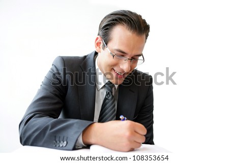 businessman writing isolated on white