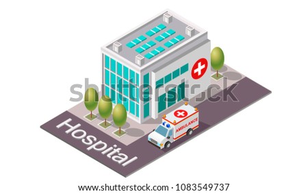  The ambulance opposite the of the hospital.isometric vector illustration  Royalty-Free Stock Photo #1083549737