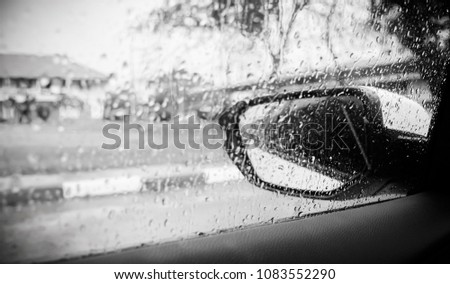 rainy day  Droplet on the windshield Car Mirror, Sadness, miss, lonely -Monochrome